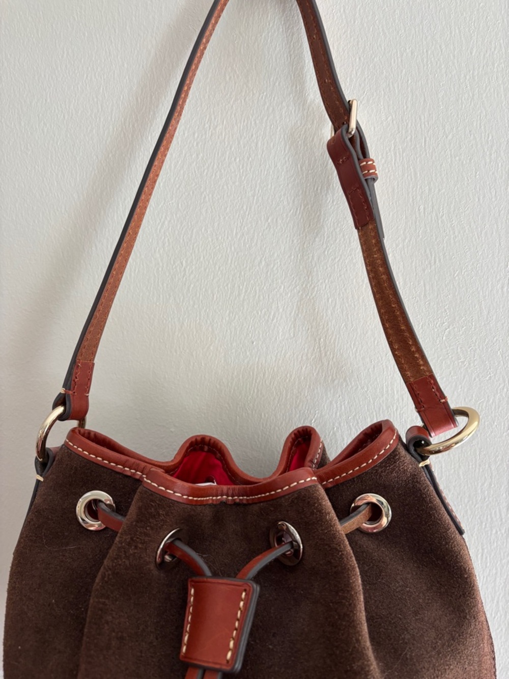 Dooney & Bourke Brown Suede Drawstring Hobo with Leather Trim - Picture 6 of 11